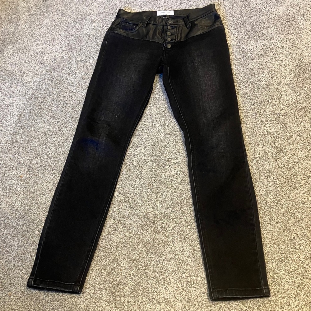 Current/Elliott The Fused Black Faux Leather Yoke Skinny Jeans Size 24 Moto Edgy